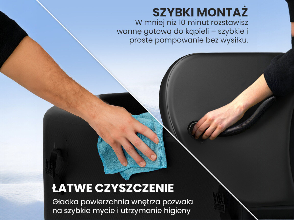 Wanna do morsowania EXTRALINK Ice Bath IB-02, waga około osiemnaście kilogramów, wygodne przenoszenie pustej wanny, elastyczne ustawienie miejsca, sezonowe przechowywanie, Zbliżenie na rękę czyszczącą wannę i dłoń pompującą pokrywę, hasła szybki montaż, higiena.