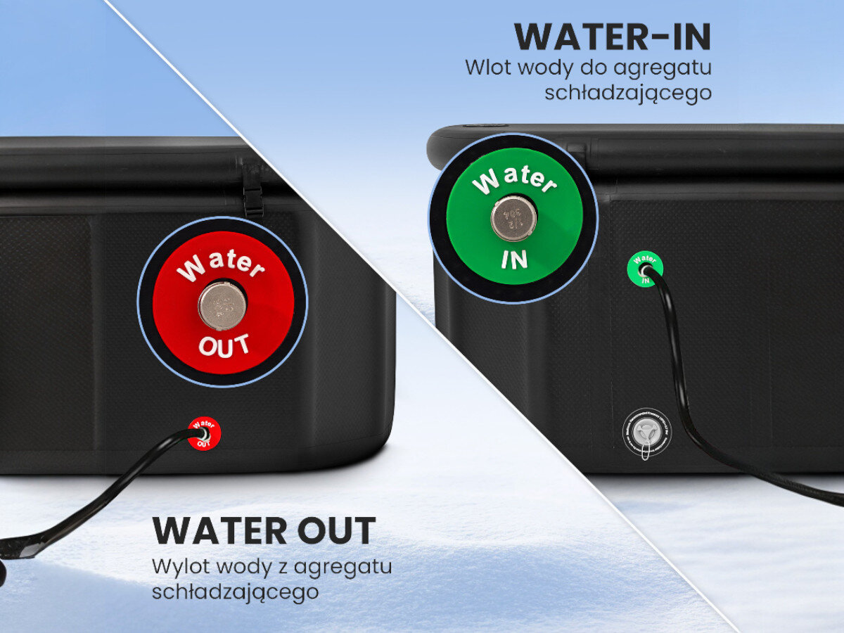 Wanna do morsowania EXTRALINK Ice Bath IB-02, praktyka morsowania dom, subiektywne poczucie energii, odnowa biologiczna mięśnie, dopasowanie rytuału użytkownik, Zbliżenie kolorowych portów Water IN i Water OUT z podłączonym wężem do agregatu chłodzącego.