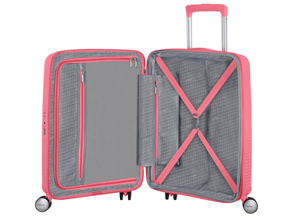 Walizka AMERICAN TOURISTER SoundBox 55 cm różowy elastyczne poprzeczne pasy zabezpieczające wyściełana przegroda dodatkowa kieszeń zapinana na zamek
