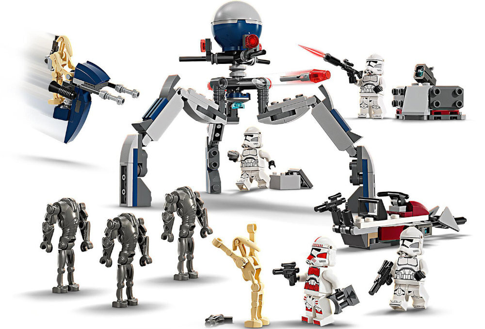 Zestaw LEGO przedstawiający różne figurki i pojazdy z serii Star Wars, w tym żołnierzy i droidy bojowe. Widoczne są elementy konstrukcyjne, takie jak roboty i pojazdy z klocków LEGO.