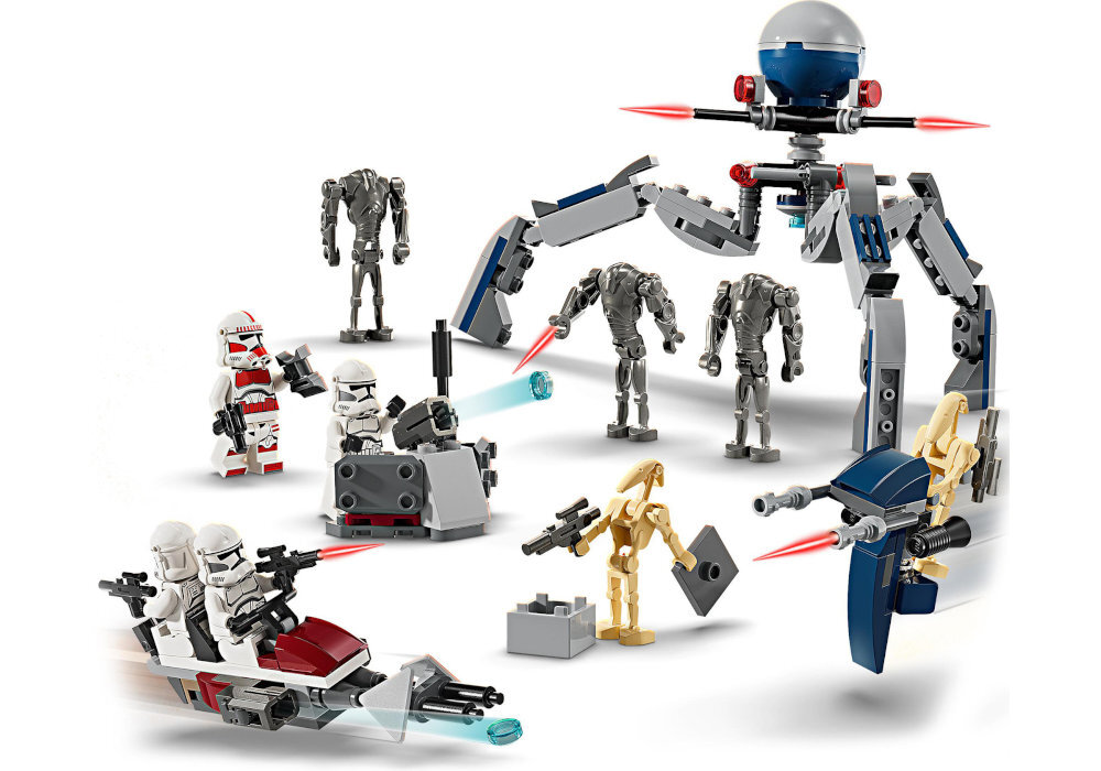 Zestaw LEGO przedstawiający scenę z figurkami żołnierzy i droidów w różnych pozach, z elementami konstrukcyjnymi przypominającymi pojazdy i maszyny. Widoczne są różne kolory klocków, w tym szary, biały, czerwony i niebieski.