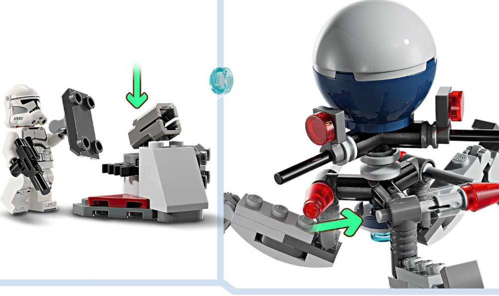 Na obrazie widoczny jest zestaw klocków LEGO przedstawiający żołnierza i droida bojowego z serii Star Wars. Elementy konstrukcyjne są w kolorach szarym, białym i czerwonym, a na niektórych częściach znajdują się zielone strzałki wskazujące na ruchome elementy.