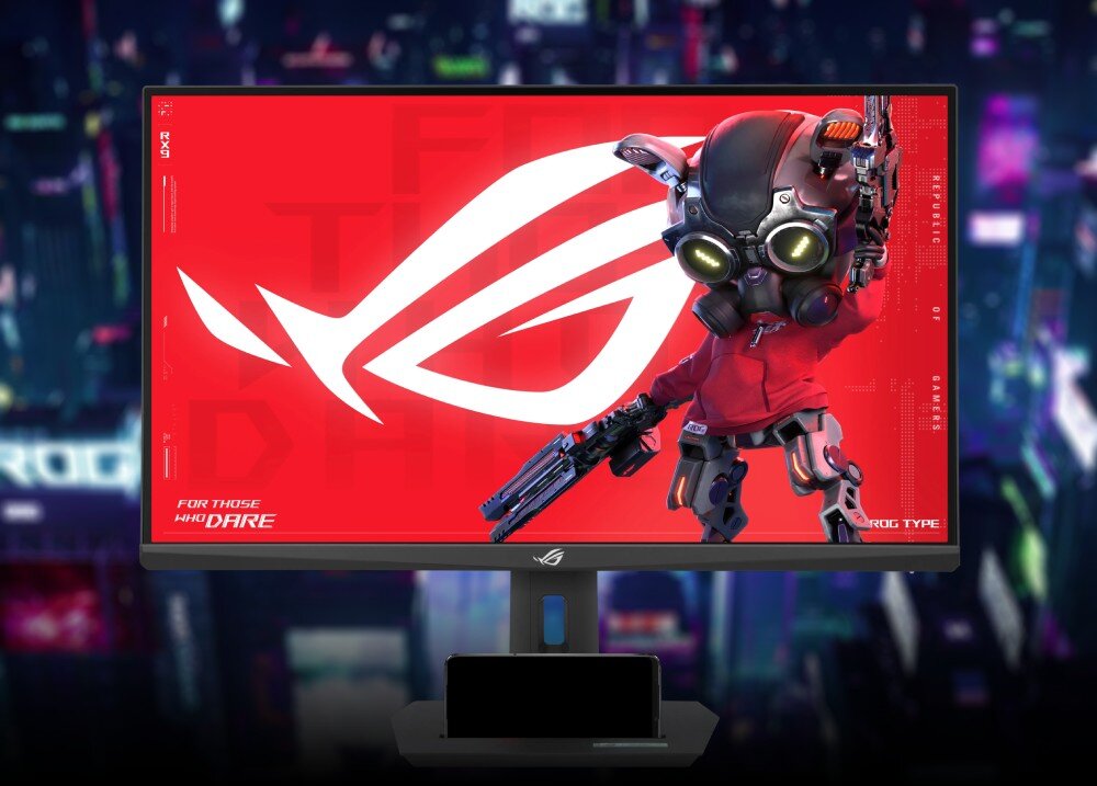 Monitor ASUS ROG Strix XG279CNS Monitor z czerwoną tapetą przedstawiającą postać robota i napis 'FOR THOSE WHO DARE', opis