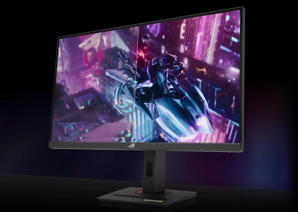 Monitor ASUS ROG Strix XG279CNS Podzielony ekran demonstrujący różnicę między obrazem zacinającym się a płynnym, synchronizacja, FreeSync, G-SYNC, VRR