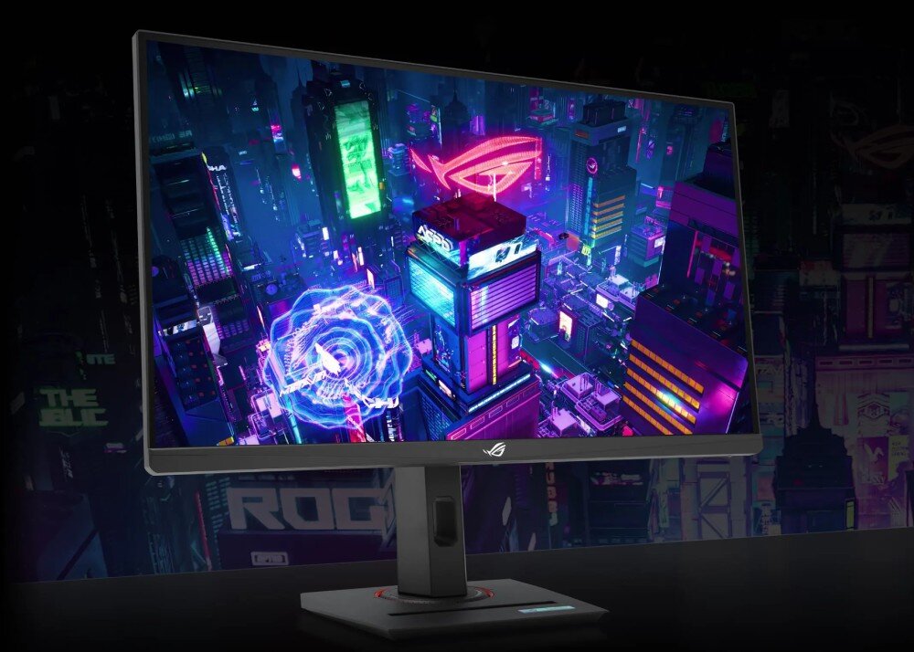 Monitor ASUS ROG Strix XG279CNS Monitor wyświetlający grafikę futurystycznego miasta z dużym neonowym logo w centrum, kolory, odwzorowanie barw