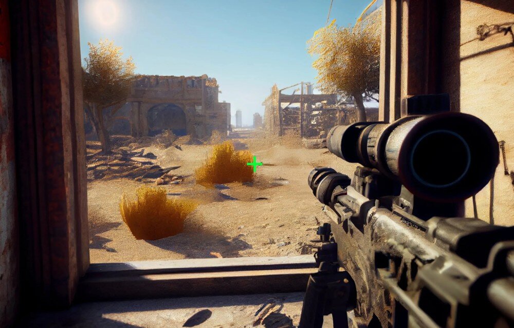 Monitor ASUS ROG Strix XG279CNS Widok z gry FPS pokazujący zniszczone budynki przez celownik broni, funkcje dla graczy