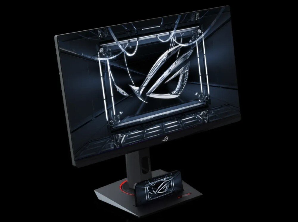 Monitor ASUS ROG Strix XG279CNS Monitor i telefon w podstawie wyświetlające srebrne logo na czarnym tle, podstawa, regulacja
