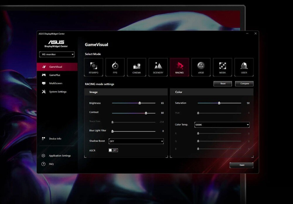 Monitor ASUS ROG Strix XG279CNS Zrzut ekranu aplikacji systemowej z suwakami do regulacji parametrów obrazu, aplikacja, sterowanie