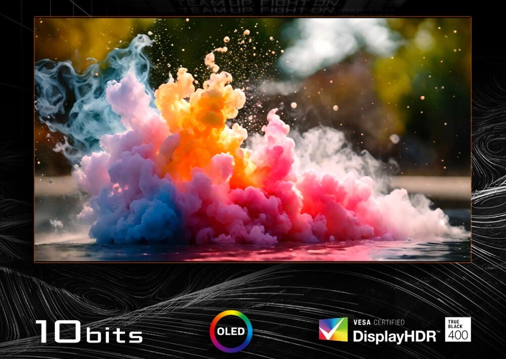 Monitor GIGABYTE Aorus FO27Q2 Obraz kolorowego wybuchu farby w wodzie, prezentujący nasycenie barw i szczegółowość ekranu. Na dole znajdują się logotypy: '10 bits', 'OLED' i 'DisplayHDR True Black 400', przekątna, matryca, rozdzielczość, parametry