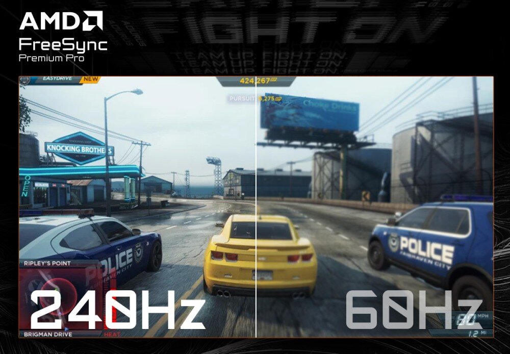 Monitor GIGABYTE Aorus FO27Q2 Porównanie gry wyścigowej uruchomionej na ekranach o częstotliwości 240 Hz i 60 Hz. Po lewej stronie obraz jest ostry, po prawej rozmazany. W górnym rogu logo AMD FreeSync Premium Pro, odświeżanie, synchronizacja FreeSync, płynność
