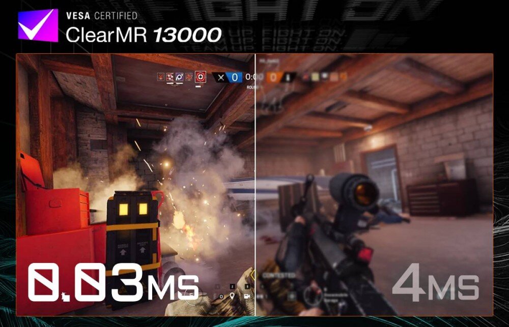 Monitor GIGABYTE Aorus FO27Q2 Porównanie gry FPS wyświetlanej przy czasie reakcji 0.03 ms i 4 ms. Po lewej stronie eksplozja w wysokiej jakości, po prawej stronie z rozmyciem. W górnym rogu certyfikat ClearMR 13000, czas reakcji, certyfikat ClearMR