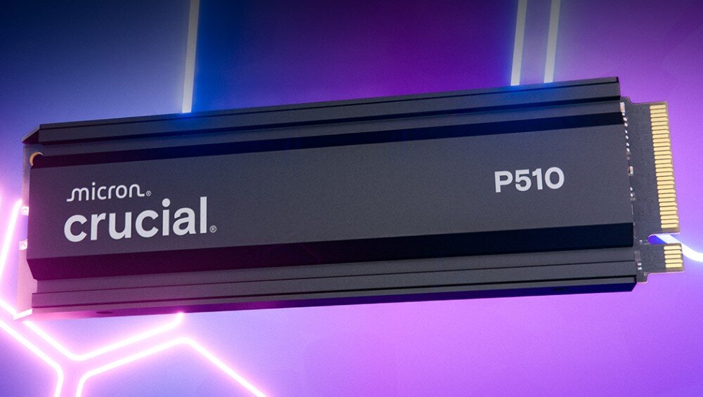 Dysk CRUCIAL P510 Dysk 'crucial P510' na fioletowo-niebieskim tle z podświetleniem w kształcie linii, interfejs, budowa, kompatybilność z PS5