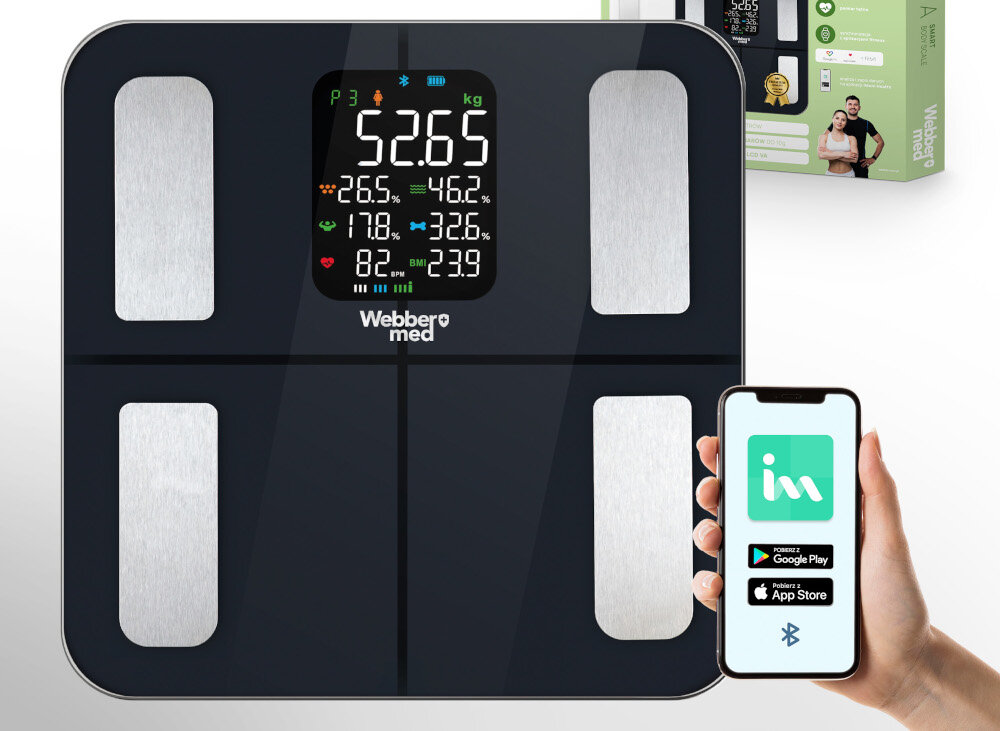 Waga WEBBER Livia IF1320B Czarny wgląd w postępy monitorowanie zmian wagi i BMI dostosuj plan działania do własnych potrzeb zdrowie trening