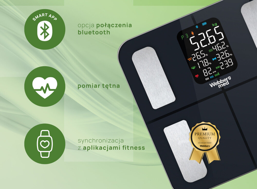 Waga WEBBER Livia IF1320B Czarny Kompatybilność z aplikacjami z popularnymi aplikacjami fitness, takimi jak Google Fit, Apple Health czy Fitbit informacje dane ułatwienie rutyna planowanie aktywność