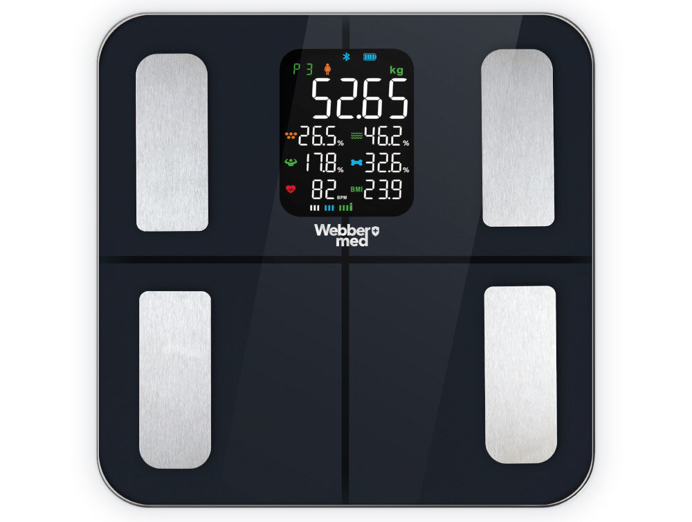 Waga WEBBER Livia IF1320B Czarny Wygoda i oszczędność sama się włącza i wyłącza po zakończeniu pomiaru wskaźniki przeciążenia niski poziom baterii