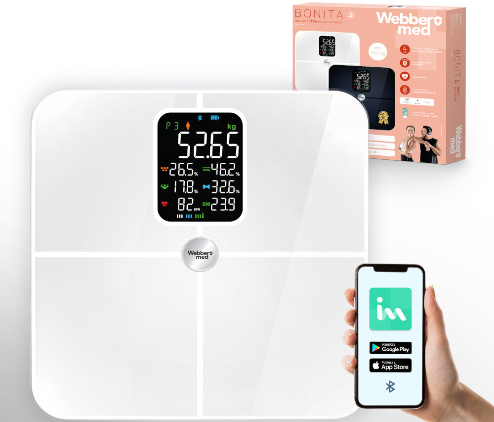 Waga łazienkowa WEBBER Bonita SBS-1321B-W Biały wygląd wizualizacja prezentacja design tło Kontrola wagi w domu