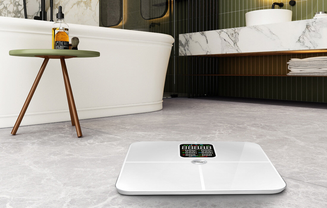 Waga łazienkowa WEBBER Bonita SBS-1321B-W Biały Dokładne pomiary  z czterech czujników tensometrycznych dokładność do 100 g Regularny, precyzyjny pomiar zdrowie świadomość wyniki