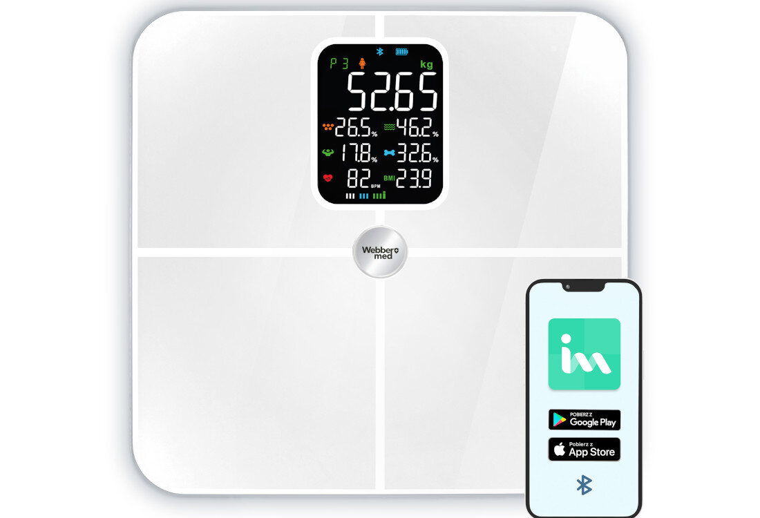 Waga łazienkowa WEBBER Bonita SBS-1321B-W Biały Aplikacja i analiza wyniki synchronizacja  historii pomiarów 