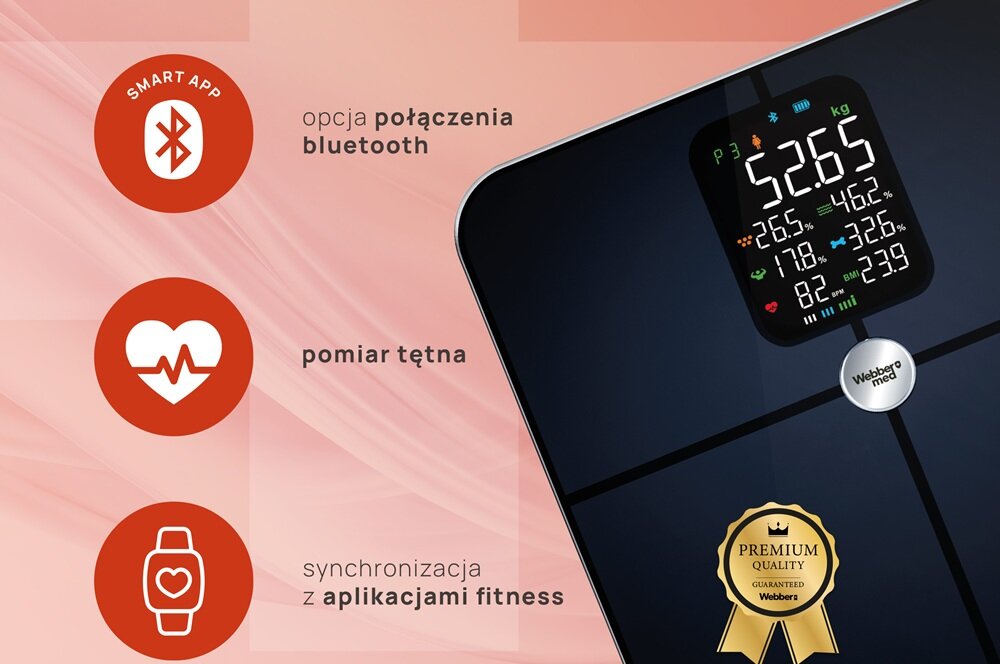 Waga łazienkowa WEBBER Bonita SBS-1321B-B Czarny wbudowany czujnik, pomiar tetna, wygodne wsparcie