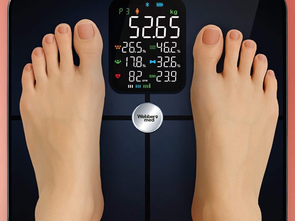 Waga łazienkowa WEBBER Bonita SBS-1321B-B Czarny 4 elektrody krzyzowe, analiza składu ciała, poziom tkanki mięśniowej