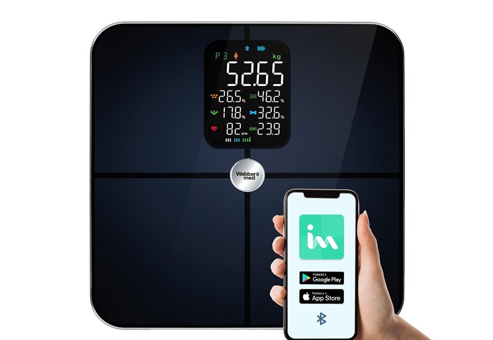 Waga łazienkowa WEBBER Bonita SBS-1321B-B Czarny integracja z aplikacjami, wszystkie dane o zdrowiu, wszystko w jednym miejscu