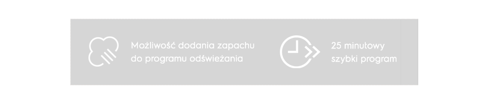 Grafika przedstawia dwie ikony z tekstem: \'Możliwość dodania zapachu do programu odświeżania\' oraz \'25 minutowy szybki program\'.
