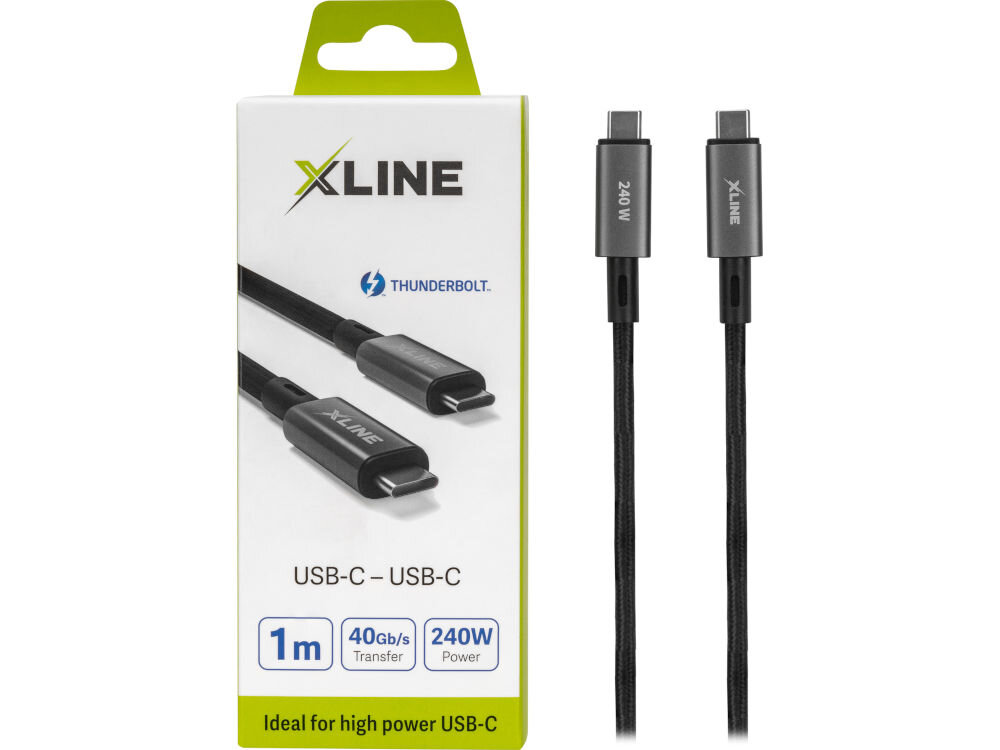 Opakowanie kabla USB-C - USB-C marki XLINE z oznaczeniami: 1m, 40Gb/s Transfer, 240W Power. Widoczne logo Thunderbolt i napis \'Ideal for high power USB-C\'.
