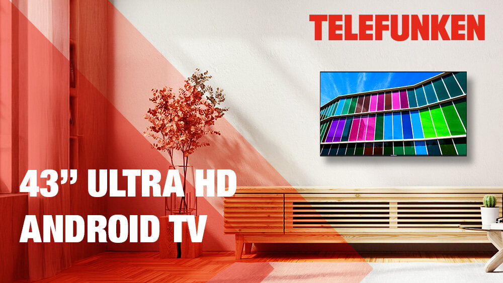 Telewizor TELEFUNKEN TFL-43AEU2000 - Jakość obrazu 4K UHD, telewizor stojący na komodzie w salonie