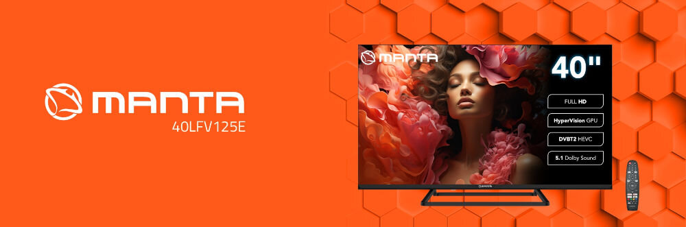 Telewizor MANTA 40LFV125E 40 cali SMART LED FHD funkcje SMART VIDAA tuner DVB-T2 SAT bezramkowy procesor czterordzeniowy HyperVision GPU, telewizor od frontu na pomarańczowym tle