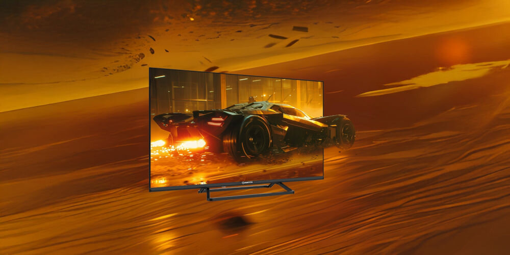 Telewizor MANTA 40LFV125E panel VA LED FHD wysoka jakość obrazu krystaliczna ostrość detale kolory, telewizor po skosie na pomarańczowym tle