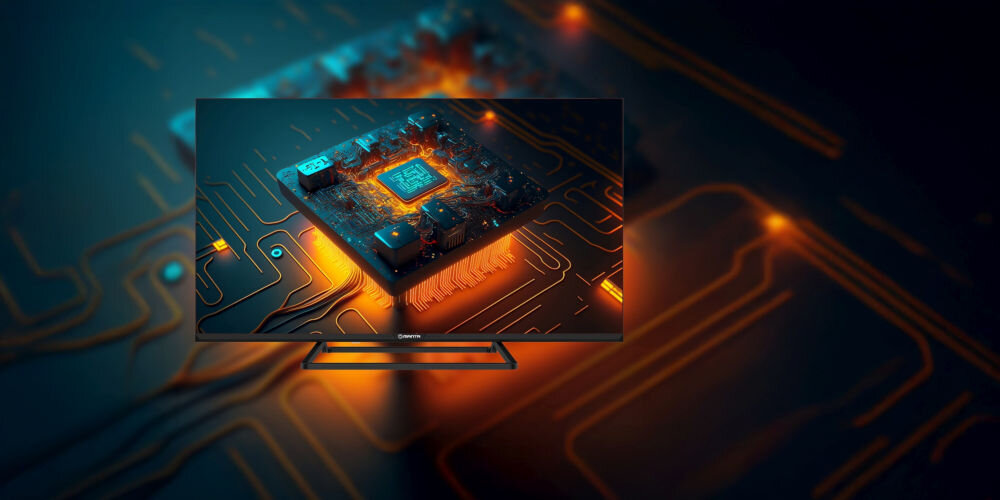 Telewizor MANTA 40LFV125E HyperVision GPU wydajność 620MHz płynność obrazu detale dynamika animacje, telewizor od frontu z grafiką procesora