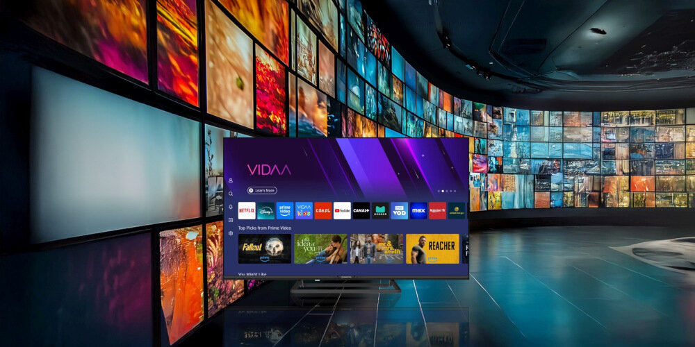 Telewizor MANTA 40LFV125E SMART VIDAA aplikacje streamingowe intuicyjny interfejs sterowanie głosowe, telewizor od frontu stojący na podłodze