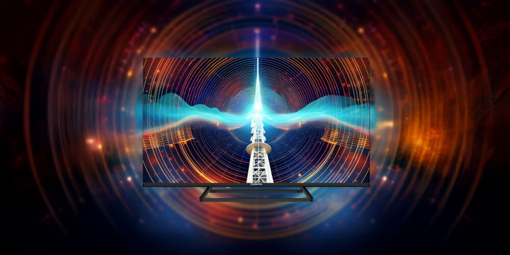 Telewizor MANTA 40LFV125E tuner DVB-T2 HEVC H.265 HD Full HD 4K łatwa konfiguracja, telewizor od frontu na ciemnym tle