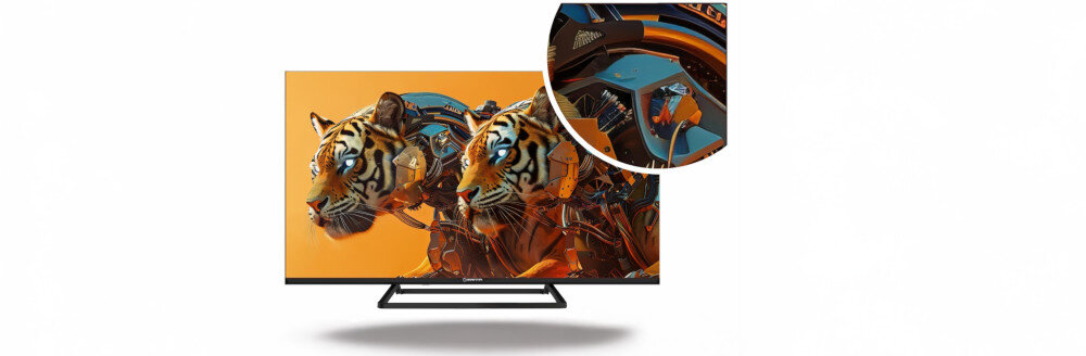 Telewizor MANTA 40LFV125E design FRAMELESS bezramkowy szerszy kąt widzenia minimalistyczna estetyka, telewizor od frontu na białym tle