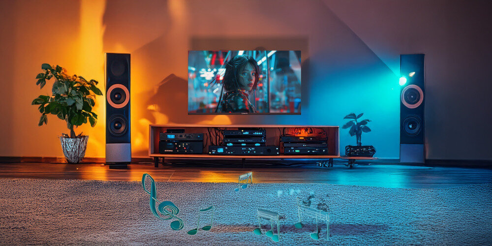 Telewizor MANTA 40LFV125E dźwięk przestrzenny DD+ 5.1 kinowe audio immersja zestaw kina domowego, telewizor zawieszony na ścianie w pomieszczeniu