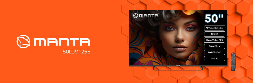 Telewizor MANTA 50LUV125E SMART 50 cali LED 4K UHD funkcje AI Vision Optimizer HDR USB, telewizor stojący od frontu na pomarańczowym tle