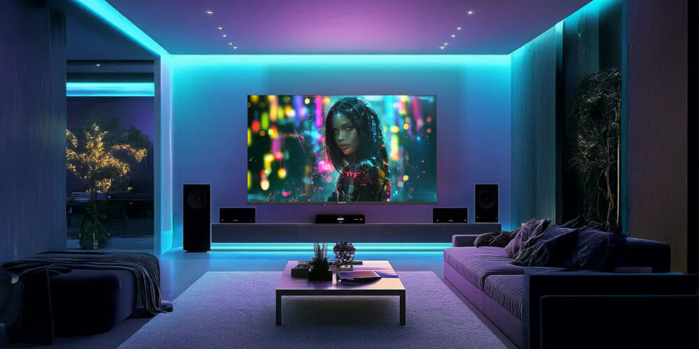 Telewizor MANTA 50LUV125E Dolby Digital Plus 5.1 dźwięk przestrzenny kinowe efekty, telewizor zawieszony na ścianie w pomieszczeniu