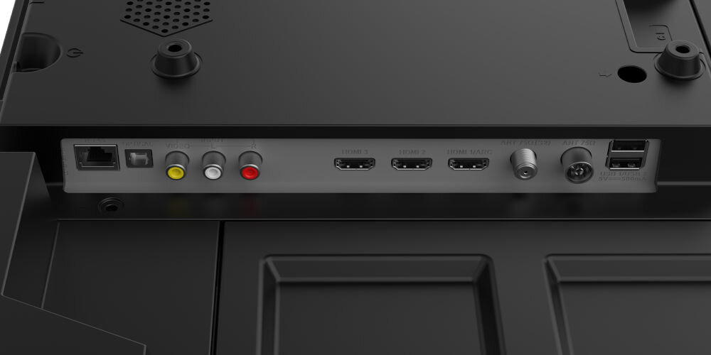 Telewizor MANTA 50LUV125E porty HDMI USB SPDIF LAN CVBS Audio IN CI+ gniazda antenowe, kadr na złącza telewizora