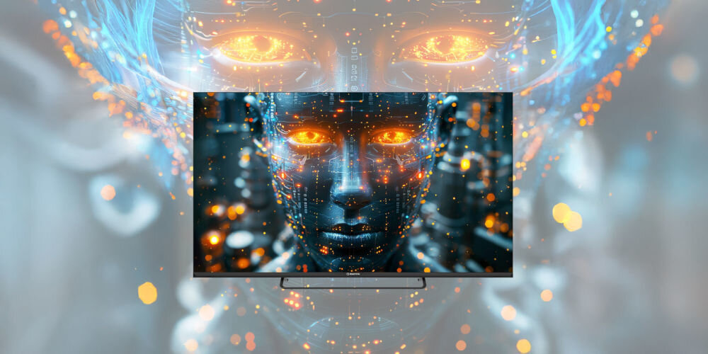 Telewizor MANTA 50LUV125E AI Vision Optimizer poprawa obrazu rekonstrukcja detali, telewizor od frontu na tle robota humanoidalnego