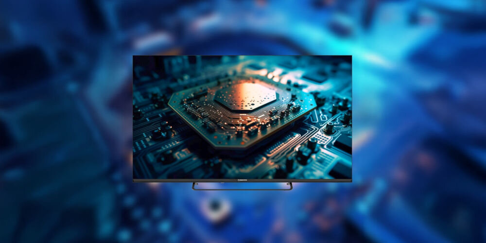 Telewizor MANTA 50LUV125E HyperVision GPU wydajność grafiki płynność obrazu, telewizor od frontu z wyświetlanym obrazem procesora