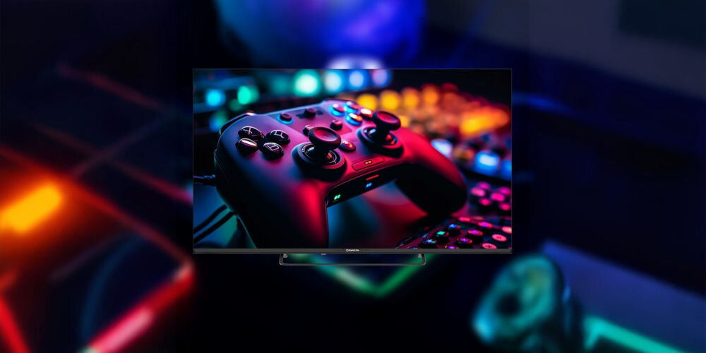 Telewizor MANTA 50LUV125E tryb Game Mode minimalizacja opóźnień płynność gry, telewizor od frontu, konotroler wyświetlany na obrazie telewizora