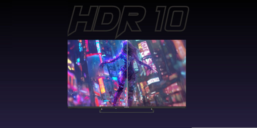 Telewizor MANTA 50LUV125E HDR 10 kontrast kolory realistyczne szczegóły, telewizor od frontu na ciemnym tle