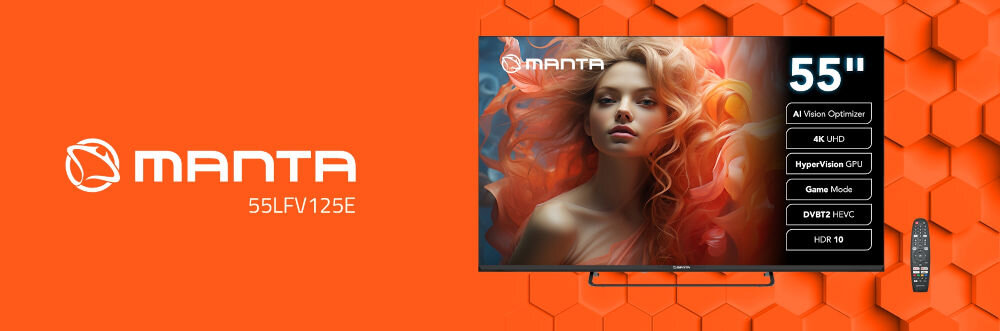 Telewizor MANTA 55LUV125E SMART 55 cali LED 4K UHD funkcje AI Vision Optimizer HDR USB, telewizor stojący od frontu na pomarańczowym tle