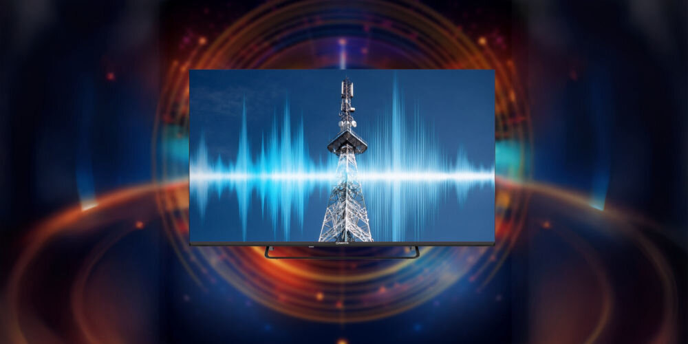 Telewizor MANTA 55LUV125E tuner DVB-T2 SAT HEVC H.265 Full HD 4K, telewizor od frontu na ciemnym tle