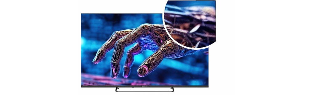 Telewizor MANTA 55LUV125E design FRAMELESS SLIM minimalistyczny styl szerszy kąt widzenia, telewizor od frontu na białym tle, kadr na krawędź telewizora