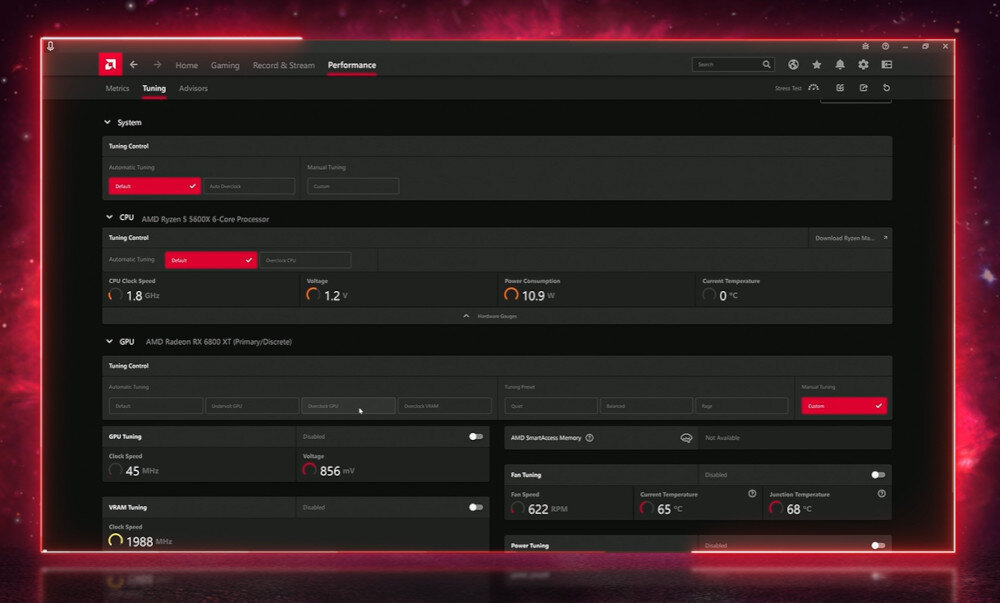 Karta graficzna XFX Mercury Radeon RX 9070 XT OC RGB White Magnetic Air Edition 16GB Zrzut ekranu z oprogramowania AMD do tuningu i monitorowania parametrów systemu. Na ekranie widoczne opcje dostrajania CPU i GPU, m.in. napięcia, temperatury i prędkości wentylatorów, oprogramowanie, narzędzia, funkcje