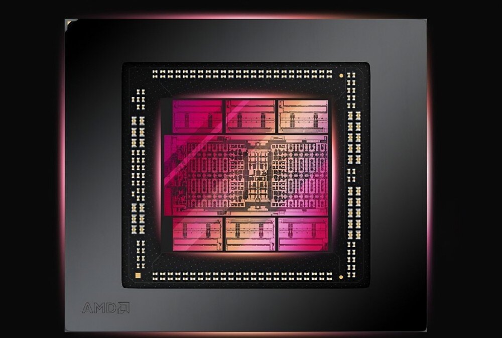 Karta graficzna XFX Mercury Radeon RX 9070 XT OC RGB White Magnetic Air Edition 16GB Zbliżenie na procesor graficzny w formie mikroskopowego zdjęcia ukazującego wewnętrzną strukturę chipu w odcieniach różu i fioletu, architektura, wydajność, taktowanie, przeznaczenie