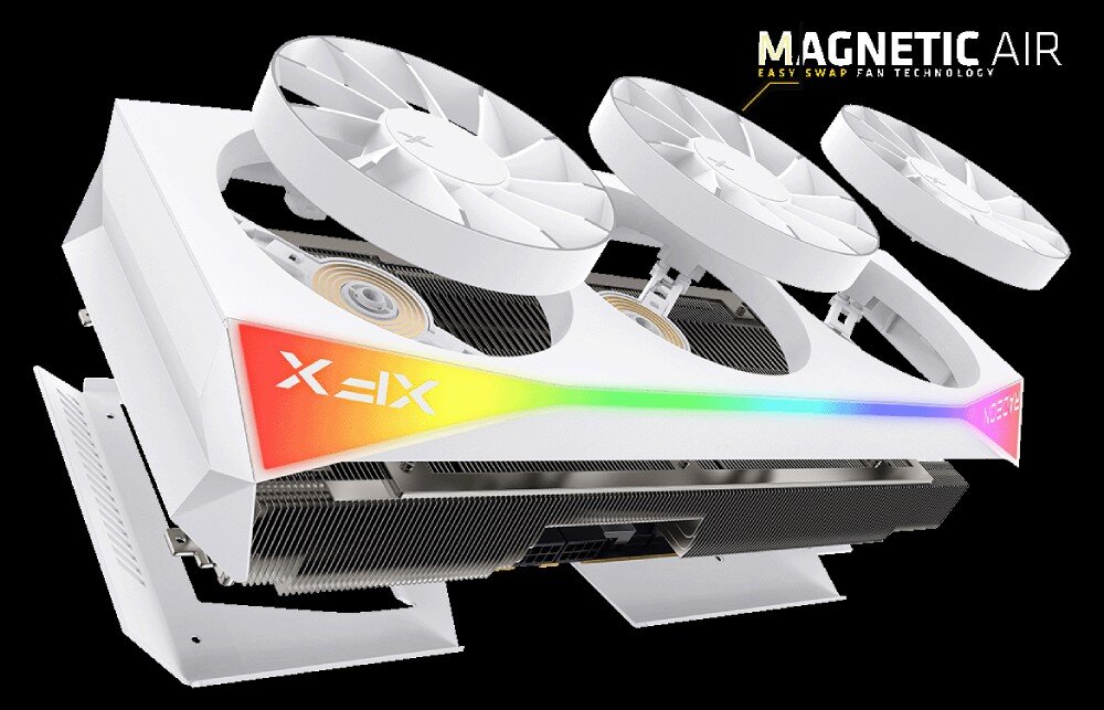 Karta graficzna XFX Mercury Radeon RX 9070 XT OC RGB White Magnetic Air Edition 16GB Karta graficzna z odłączonymi trzema wentylatorami unoszącymi się nad obudową, z widoczną technologią magnetycznego mocowania, magnetyczne mocowanie