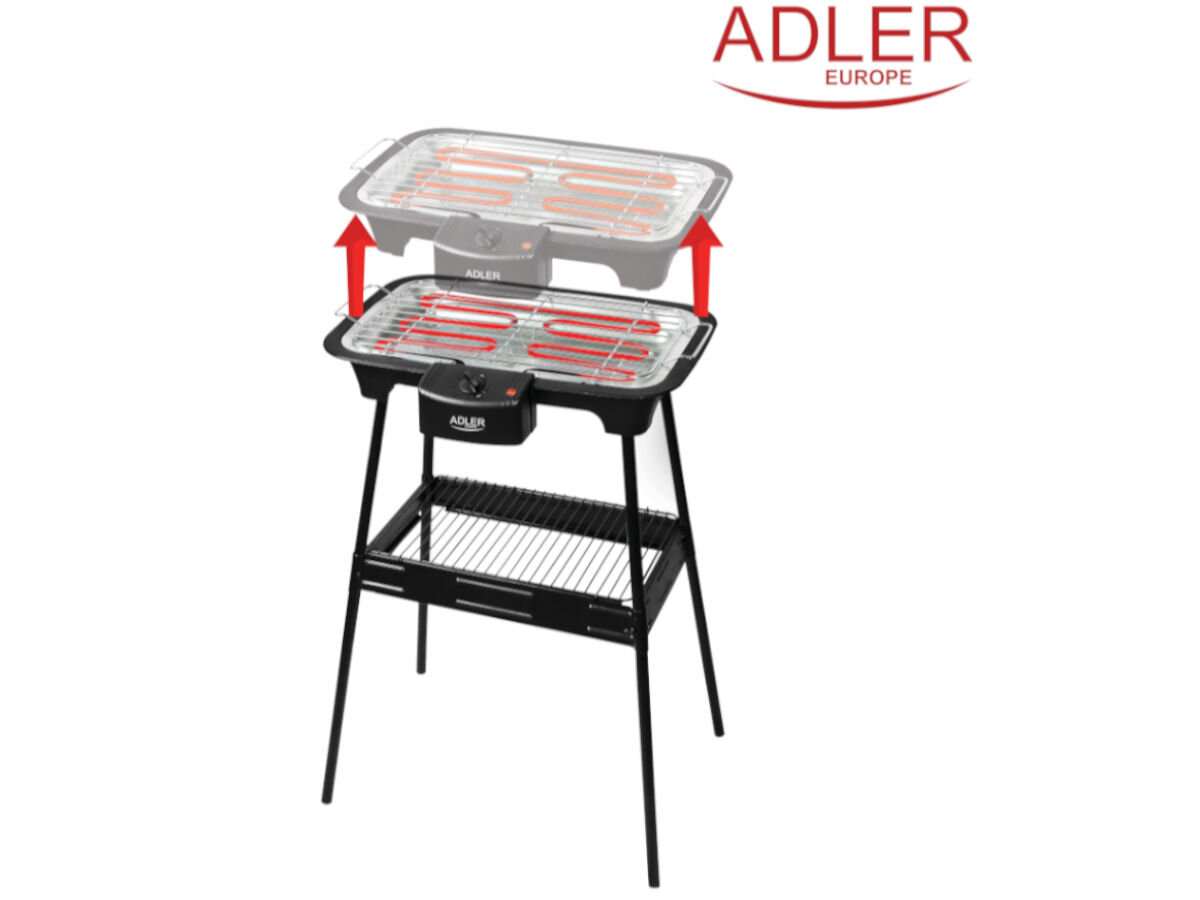 Grill elektryczny ADLER AD 6602, zamocowanie, elastyczność, nóżki, bezpieczeństwo, na białym tle wizualizacja odsperowania grilla od nóżek