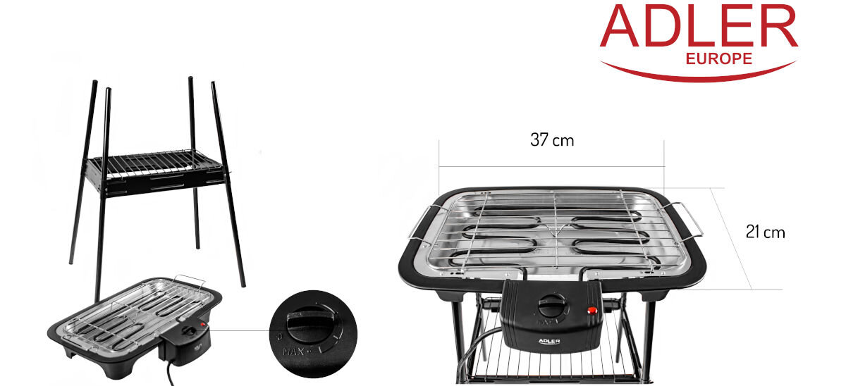 Grill elektryczny ADLER AD 6602, grzałka, zużycie, kontrola, demontowalne, na białym tle części grilla i akcesoria